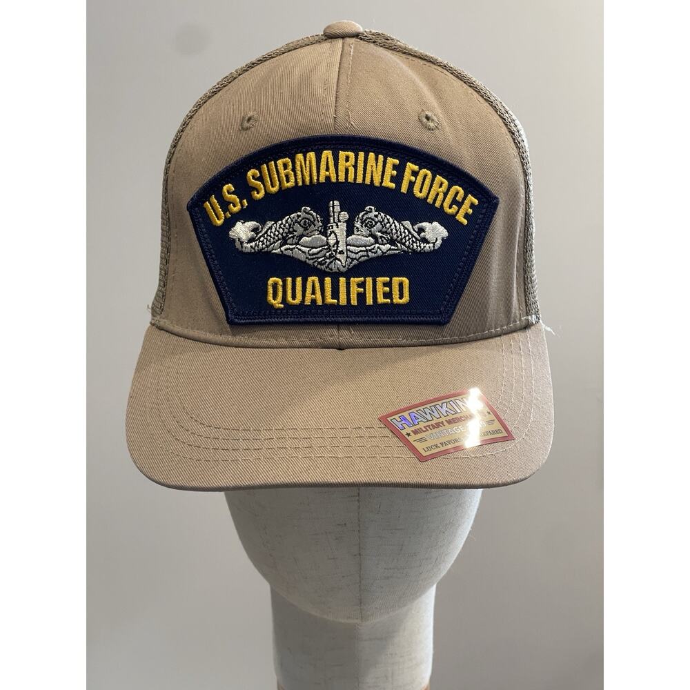 "QUALIFIED" U.S. Submarine Force Tan Trucker Hat Cap Hawkins Cotton & Duramesh